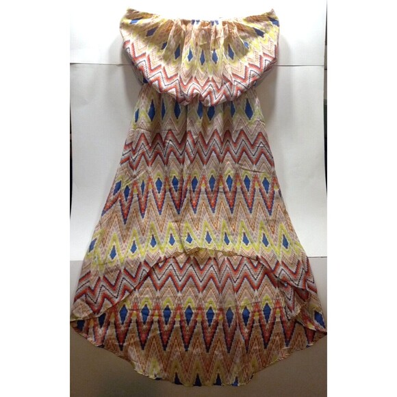 Chevron Strapless Top Dress Size Medium Hi Low Hem Lined Flowy Multicolor - Picture 1 of 8